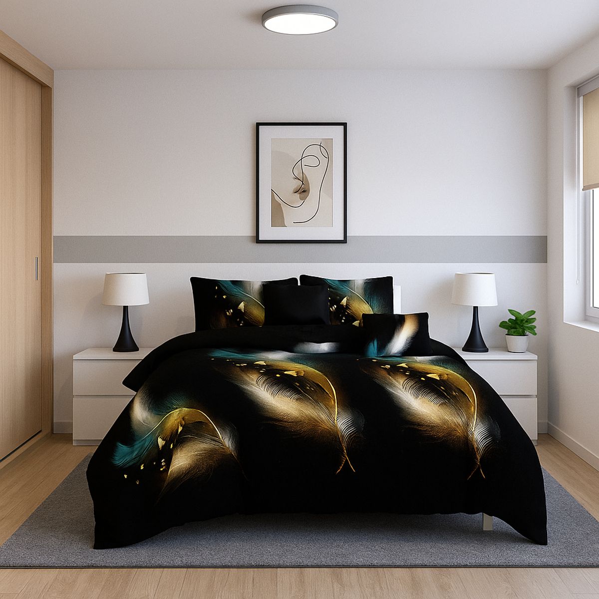 ARMONIA - Cubrecama quilt king 25 plazas diseño plumas doradas doble faz 657