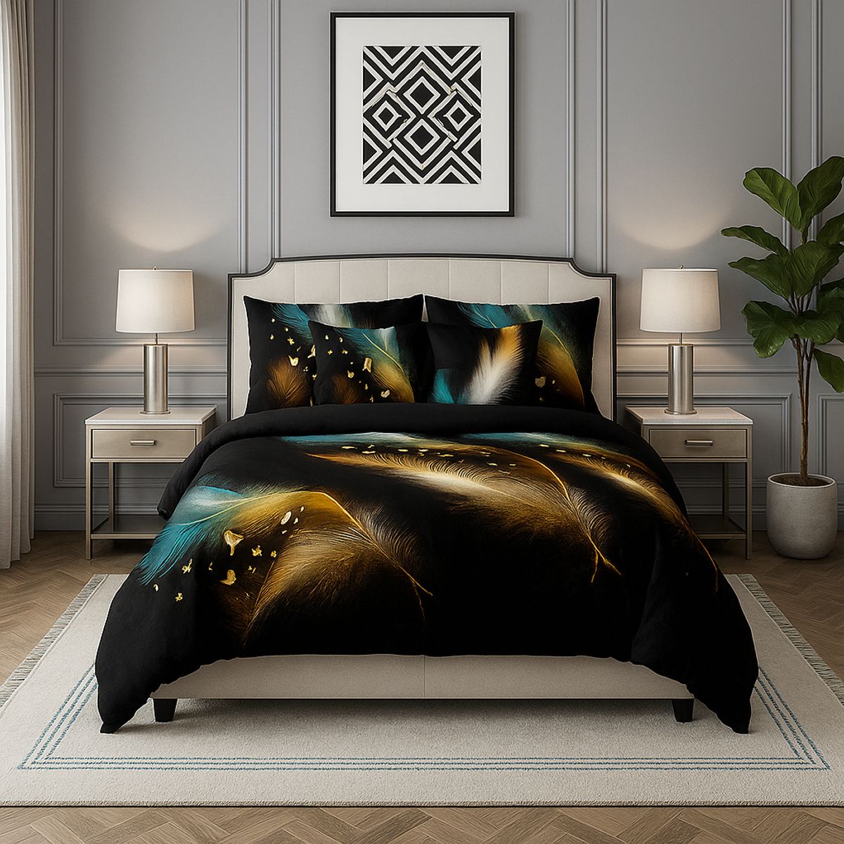 ARMONIA - Cobertor king plumas doradas 25 plazas quilt reversible elegante 657