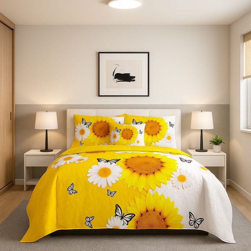 ARMONIA - Cubrecama quilt king 25 plazas diseño girasol doble faz 652