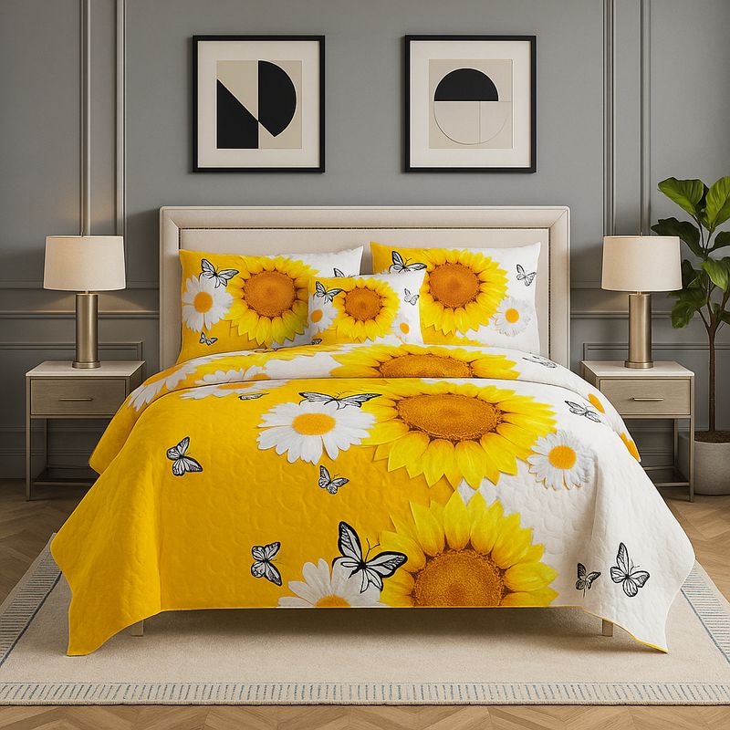 ARMONIA - Cubrecama king estampado girasol 25 plazas microfibra ligero 652