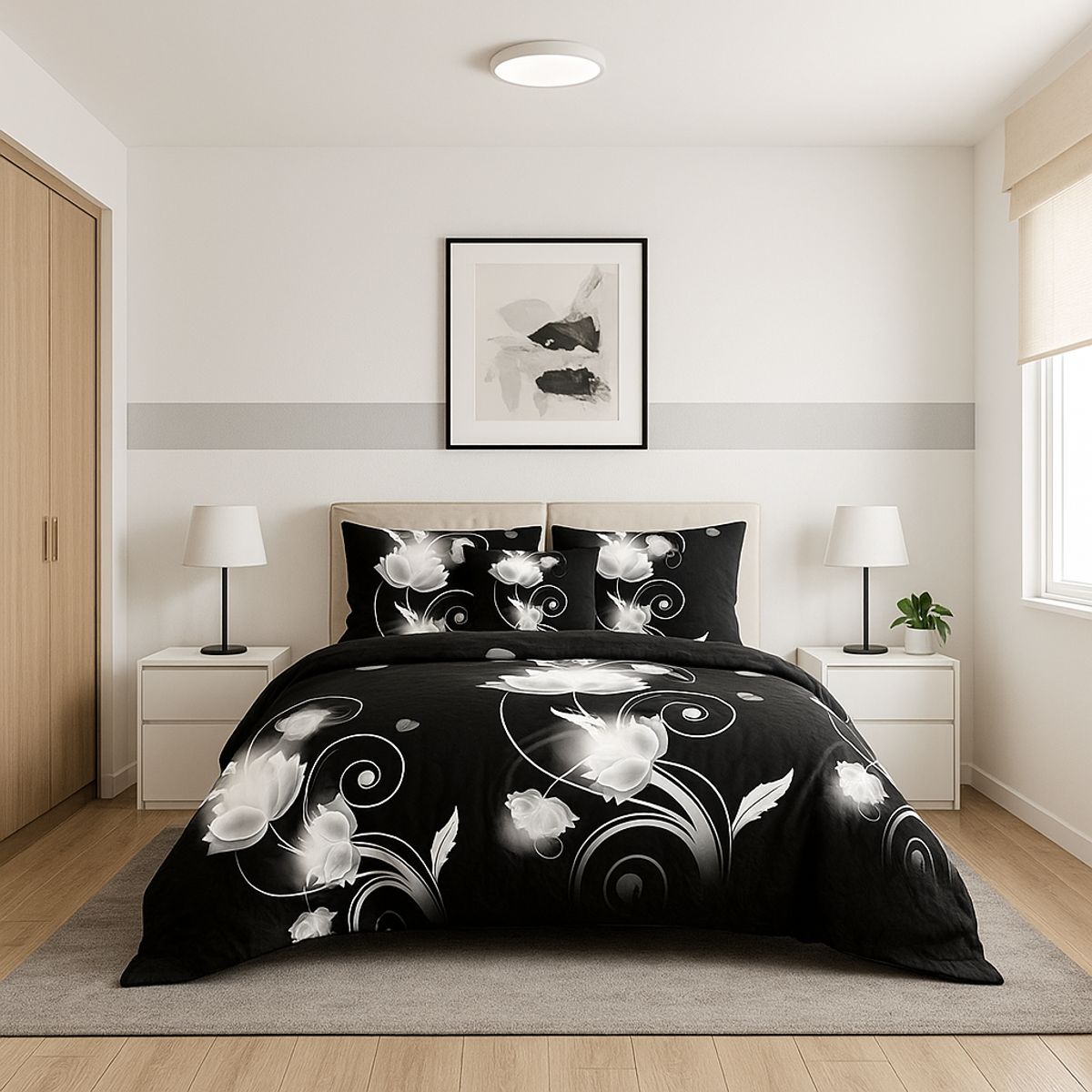 ARMONIA - Cubrecama quilt king 25 plazas diseño flores negras doble faz 663