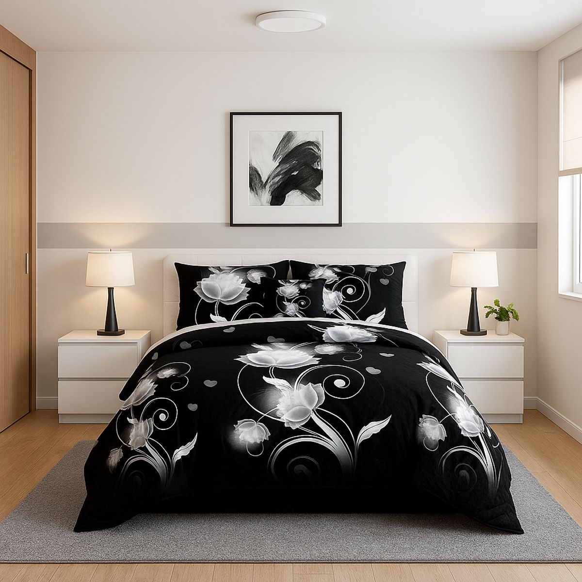 ARMONIA - Cubrecama quilt king 25 plazas diseño flores negras doble faz 663