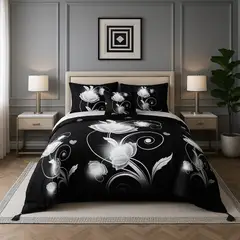 ARMONIA - Cubrecama king flores negras 25 plazas microfibra ligera 663