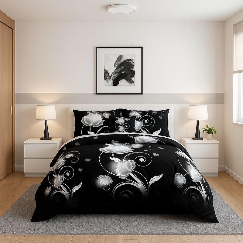 ARMONIA - Quilt 25 plazas estampado flores negras cubre cama king liviano 663