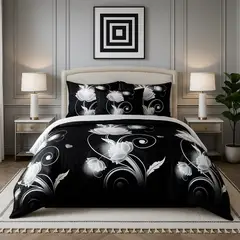 ARMONIA - Juego quilt flores negras 25 plz cubrecama king confort premium 663