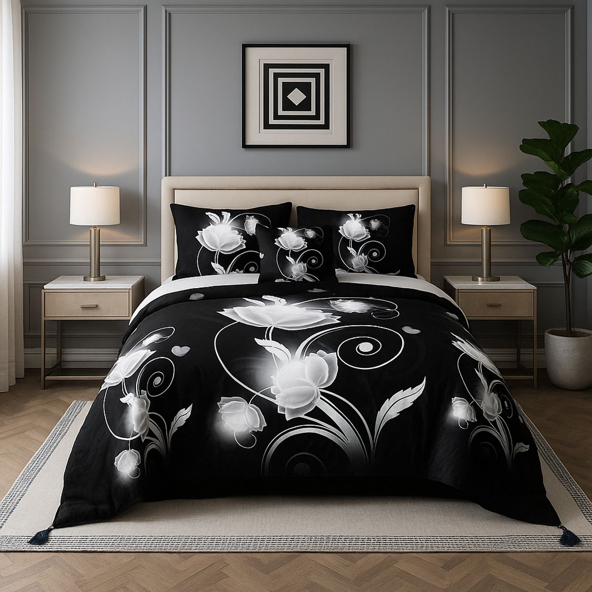 ARMONIA - Cubrecama king flores negras 25 plazas microfibra ligera 663