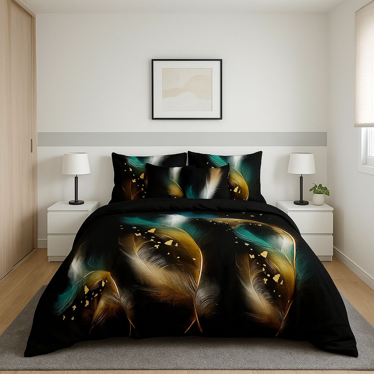 ARMONIA - Cubrecama quilt king 25 plazas diseño plumas doradas doble faz 657