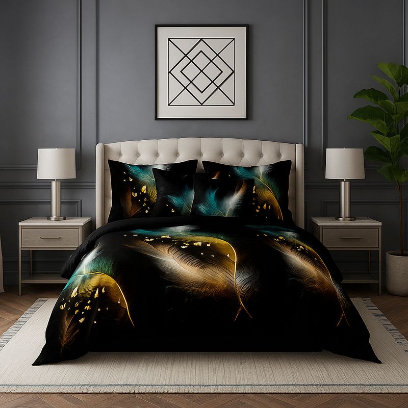 ARMONIA - Cobertor king plumas doradas 25 plazas quilt reversible elegante 657