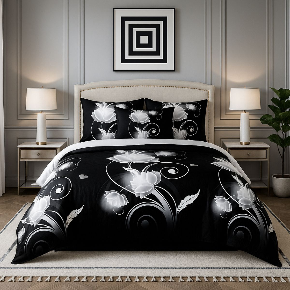 ARMONIA - Juego quilt flores negras 25 plz cubrecama king confort premium 663