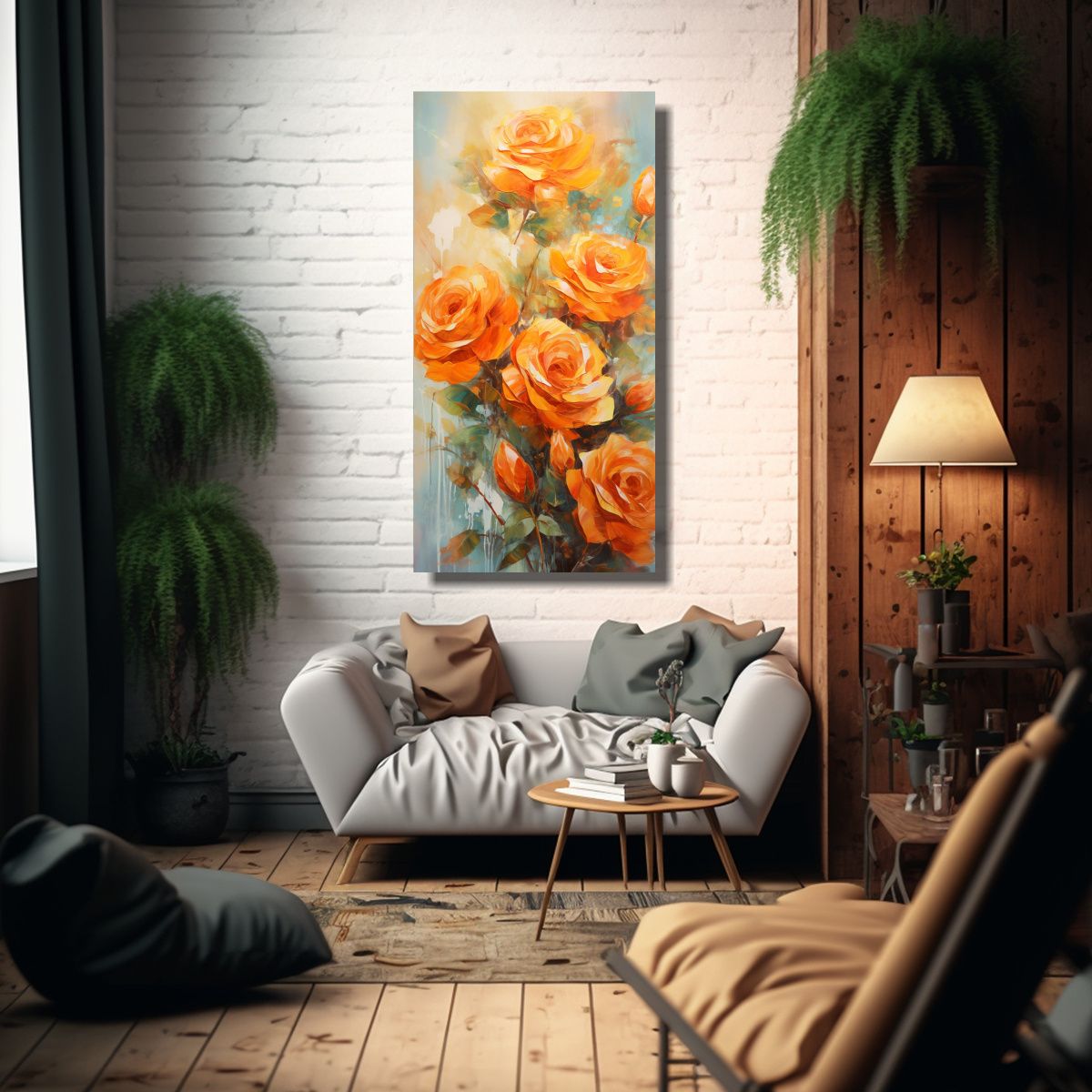 GENERICO - Cuadro Vanguardia Naranja Rosas Temático Lienzo 60x120 Cm