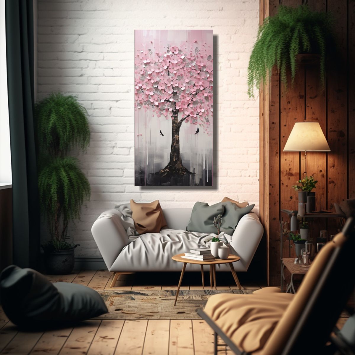 GENERICO - Pintura Decorativa Árbol En Tono Rosa Y Plateado 80x160 Cm