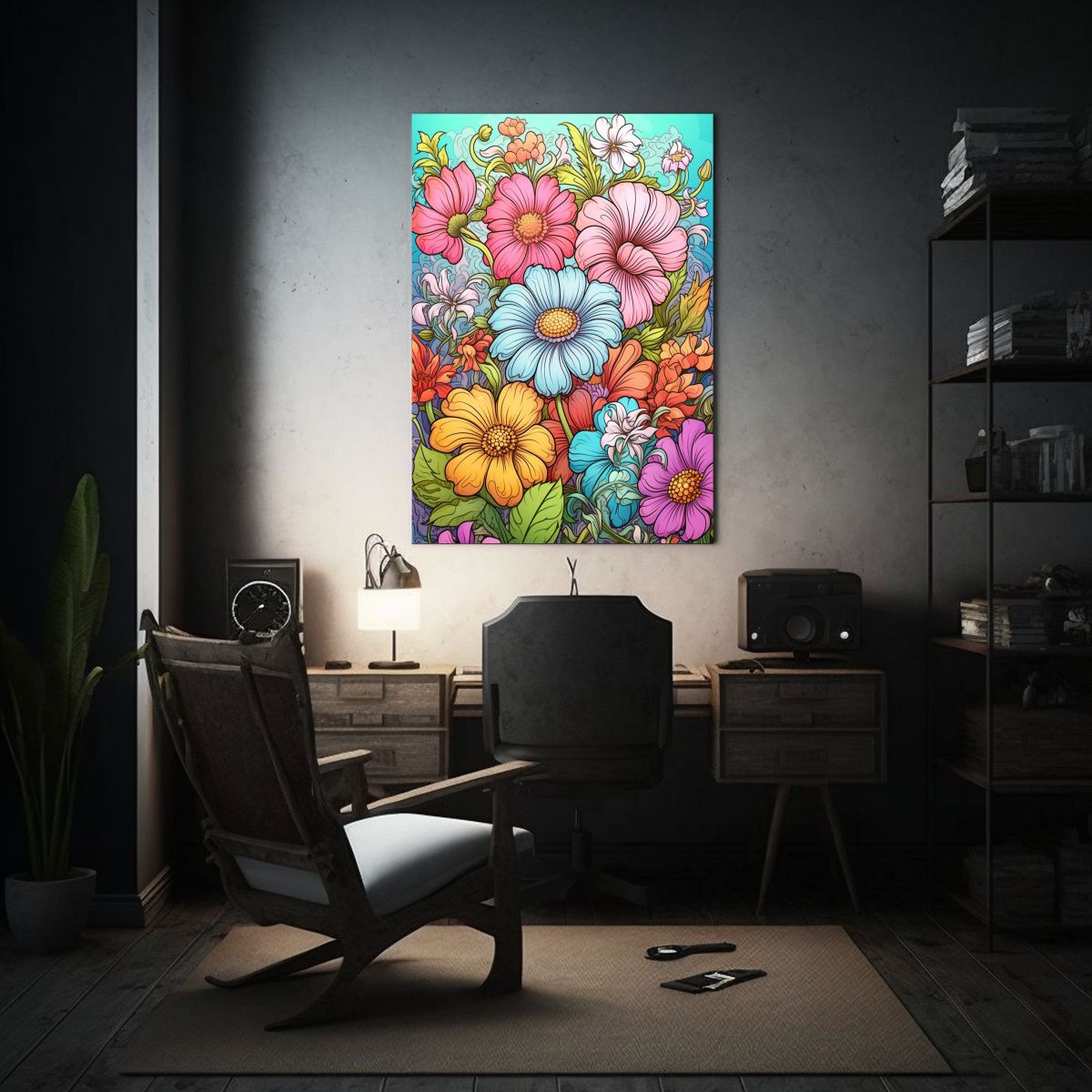 GENERICO - Cuadro Imagen Full Color Flores Estilo Retro En 80x120 Cm