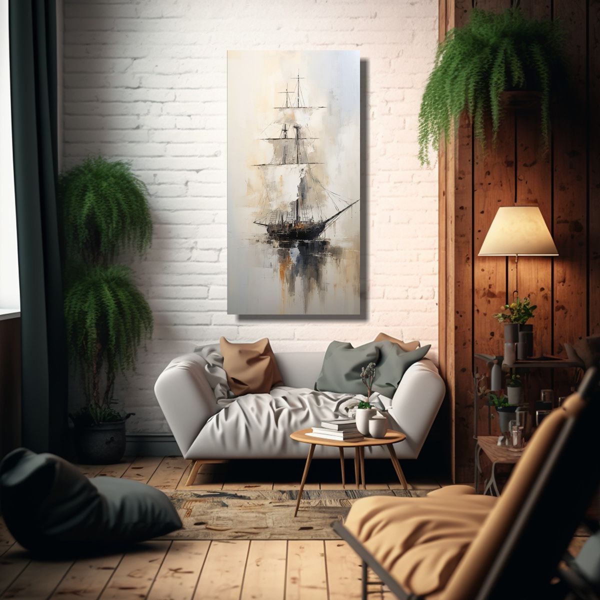 GENERICO - Pintura Abstracta De Barco En Blanco Y Negro Para 30x60 Cm