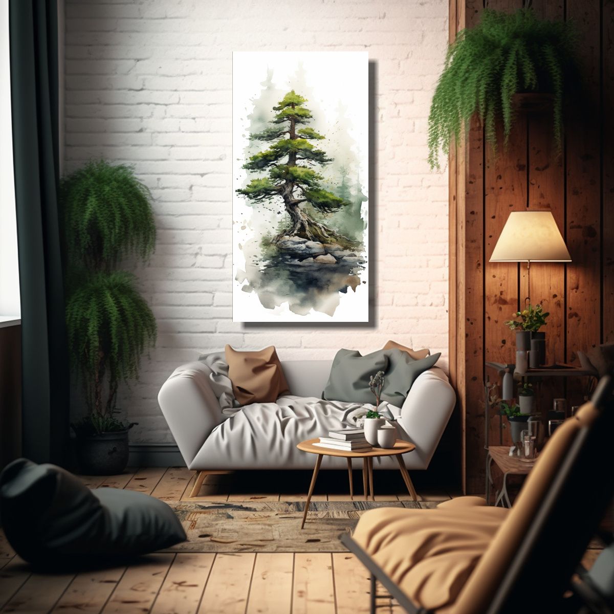 GENERICO - Cuadro Juvenil De Bonsái De Abeto Pintura 40x80 Cm.