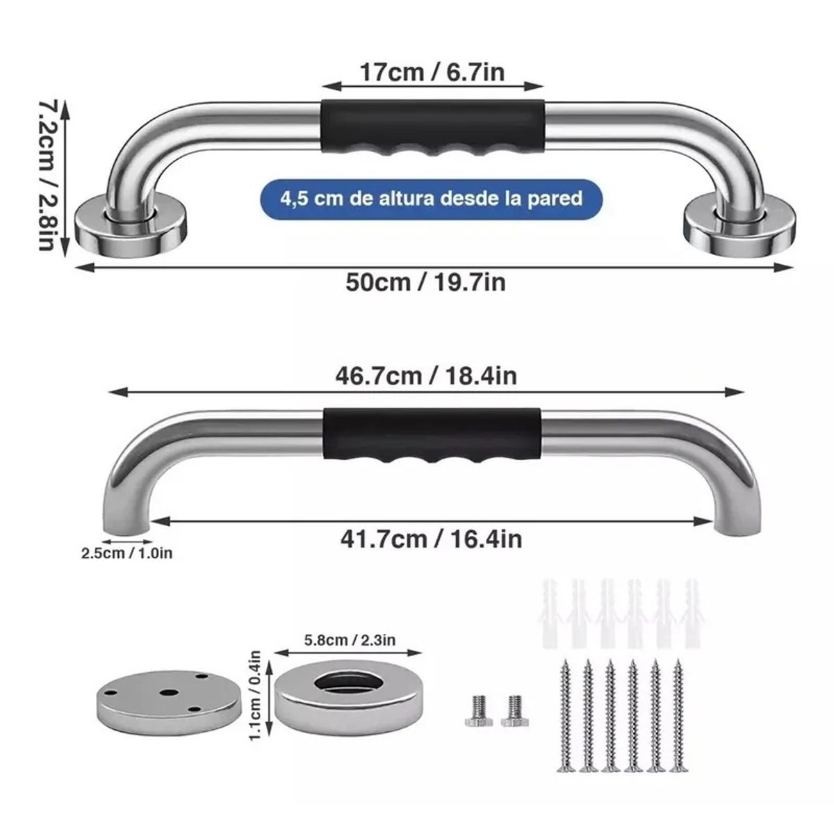 2 Barras Agarradera De Seguridad Baños Apoyo Acero Inox 50cm, marca GENERICO - Foto 2