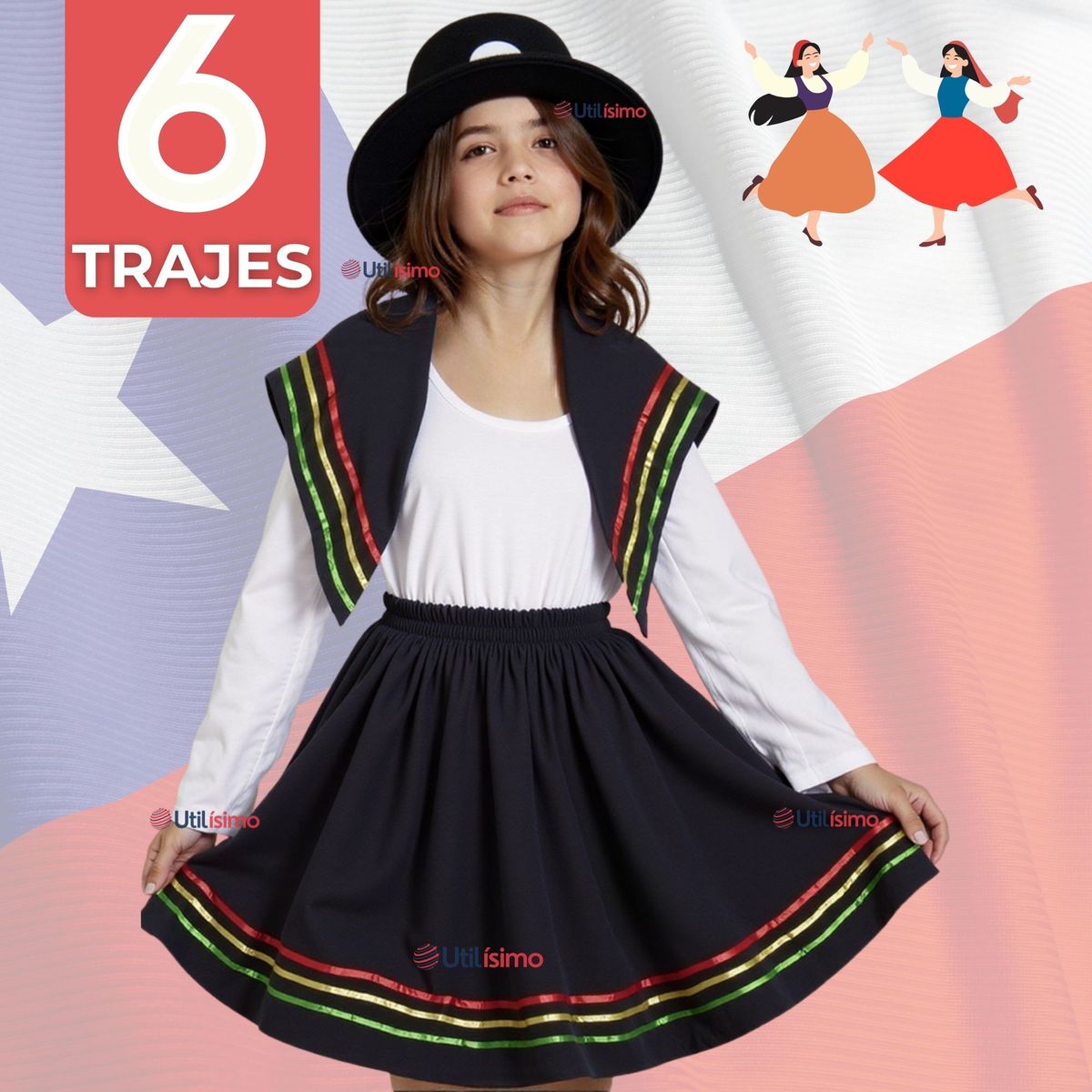 UTILISIMO - Pack 6 Traje Nortino Negro 3 Piezas Niña Fiestas Patrias