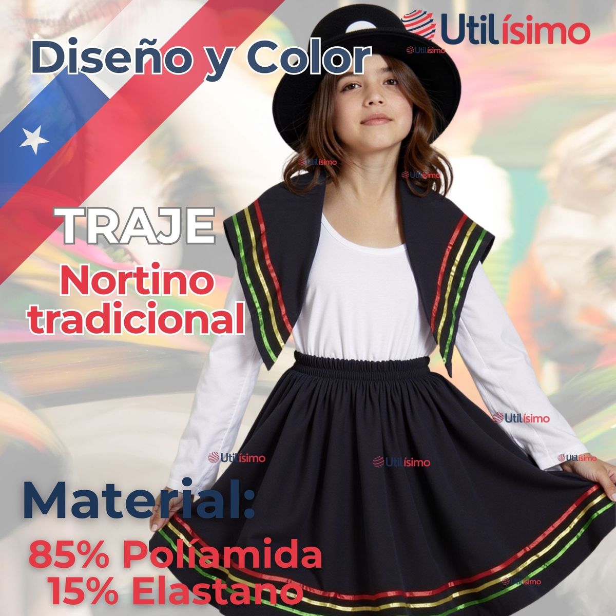 UTILISIMO - Pack 6 Traje Nortino Negro 3 Piezas Niña Fiestas Patrias
