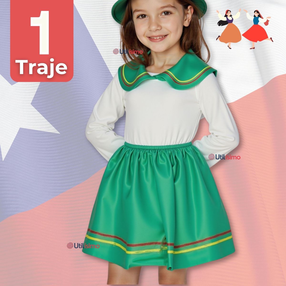 UTILISIMO - Traje Nortino Verde 4 Piezas Niña Fiestas Patrias Baile Nortino