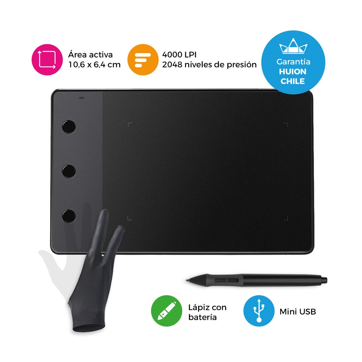 HUION - Tableta Gráfica Huion H420 + Guante y Lápiz Firma Digital