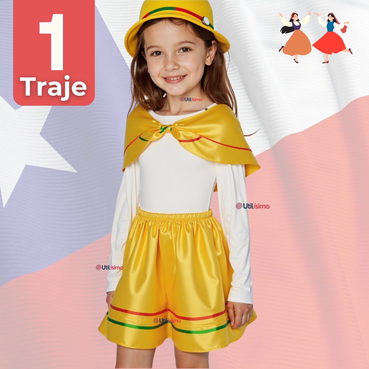 UTILISIMO - Traje Nortino Amarillo 4 Piezas Niña Fiestas Patrias Baile Nortino
