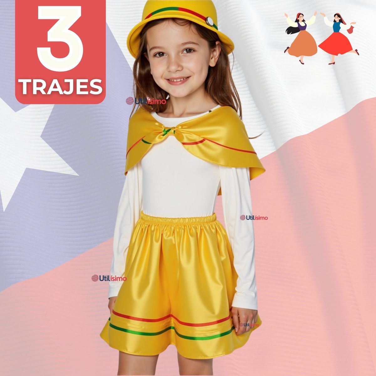 UTILISIMO - Pack 3 Traje Nortino Amarillo 4 Piezas Niña Fiestas Patrias