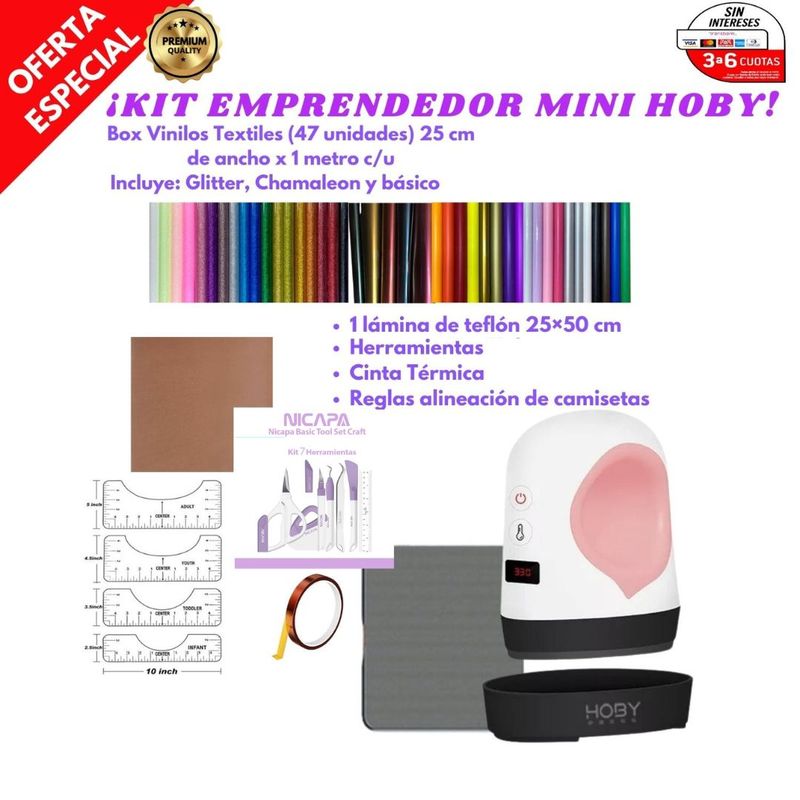 GENERICO - MINI ESTAMPADORA + VINILOS TEXTIL + REGLAS + HERRAMIENTAS + TEFLÓN
