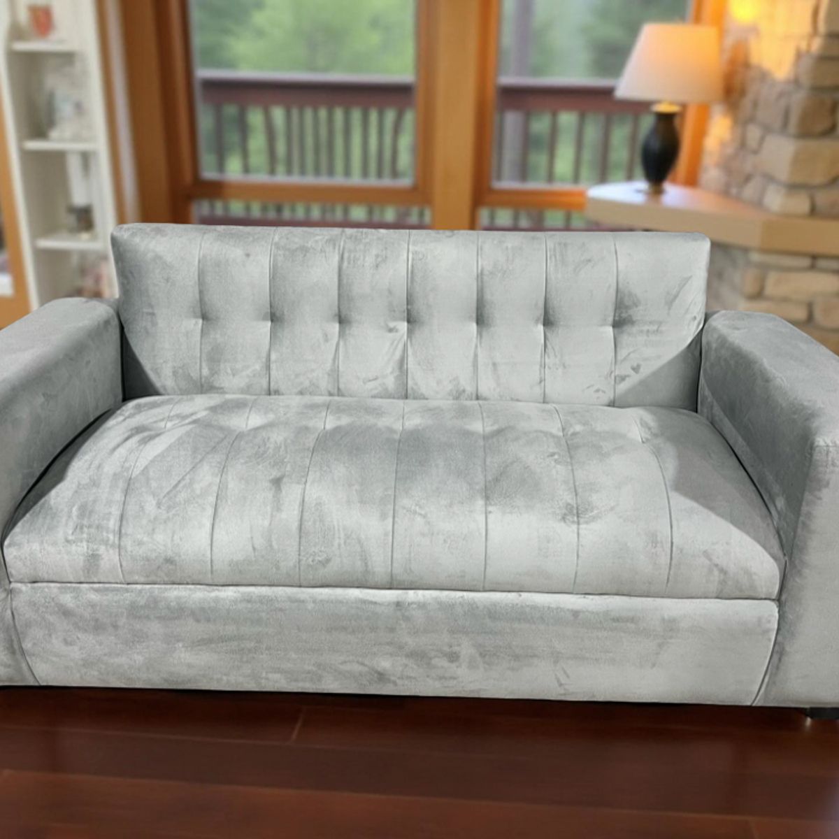 MUEBLES NEW - SOFA TRES CUERPOS GRIS FELPA..