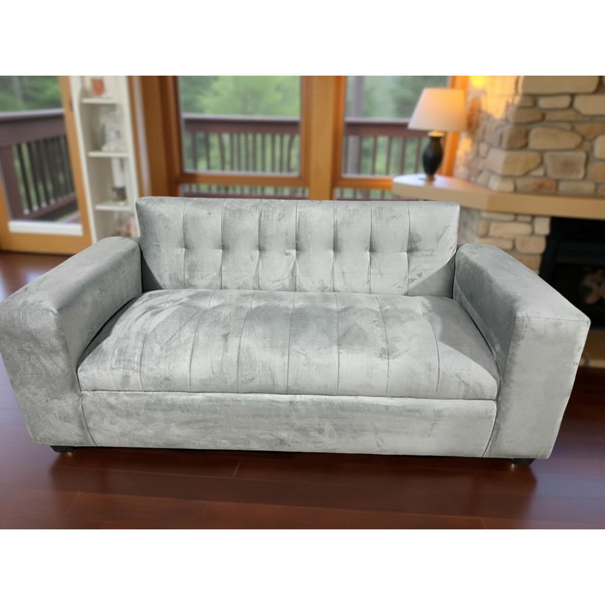 MUEBLES NEW - SOFA TRES CUERPOS GRIS FELPA..