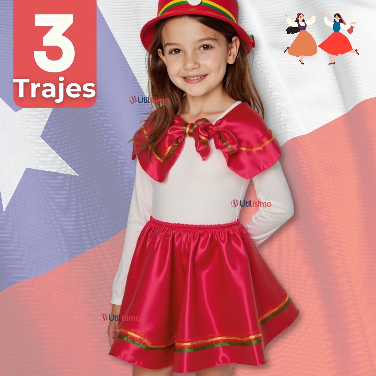 UTILISIMO - Pack 3 Traje Nortino Rojo 4 Piezas Niña Fiestas Patrias Baile Nortino
