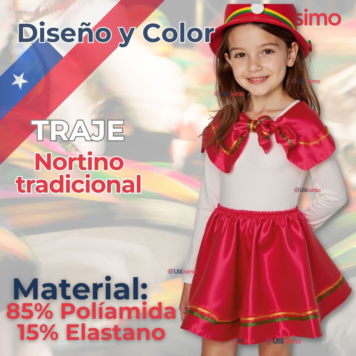 UTILISIMO - Pack 3 Traje Nortino Rojo 4 Piezas Niña Fiestas Patrias Baile Nortino