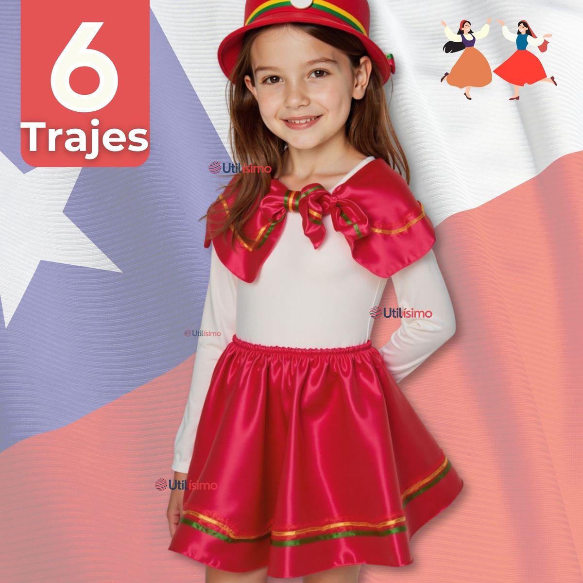UTILISIMO - Pack 6 Traje Nortino Rojo 4 Piezas Niña Fiestas Patrias Baile Nortino