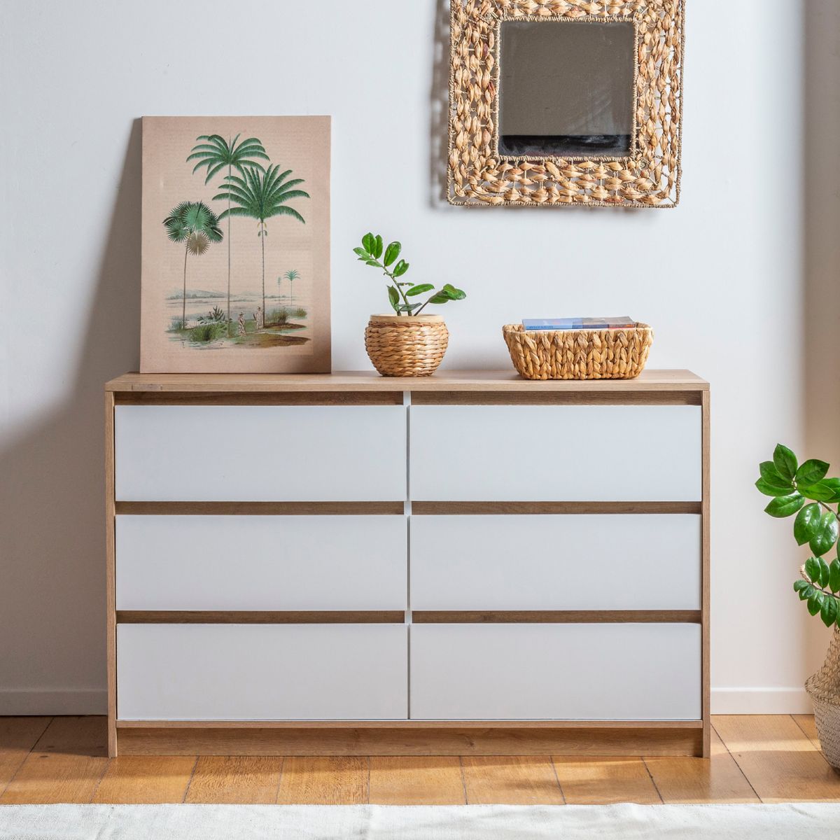 MUEBLES GACELA - Comoda 6 cajones Alba Roble Miel y Blanco brillante