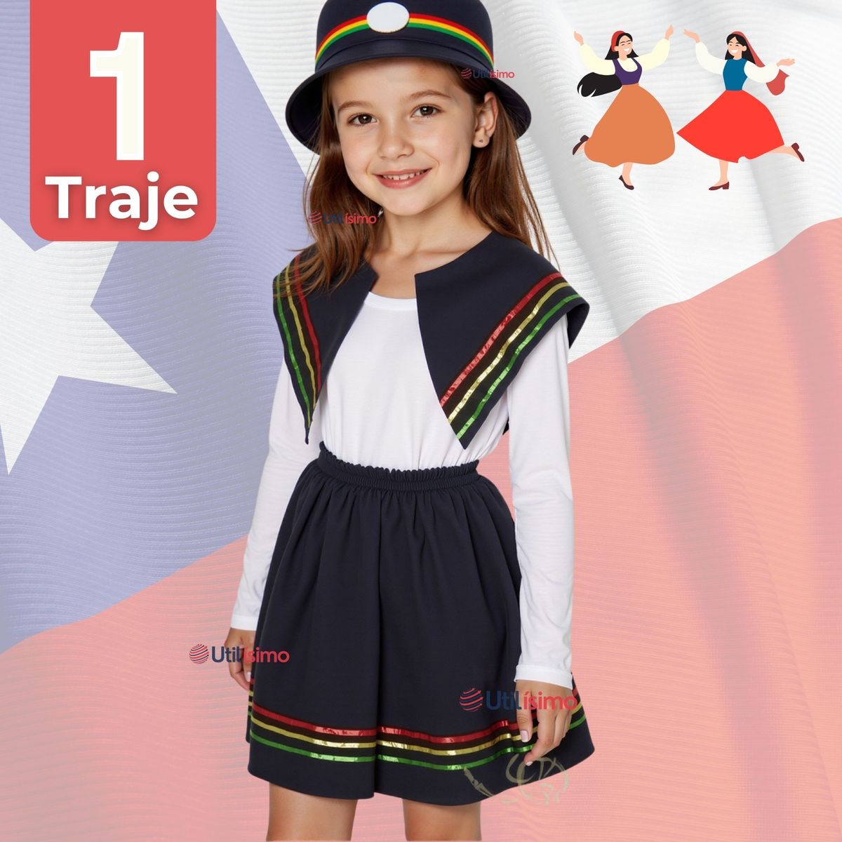 UTILISIMO - Traje Nortino Negro 4 Piezas Niña Fiestas Patrias Baile Nortino