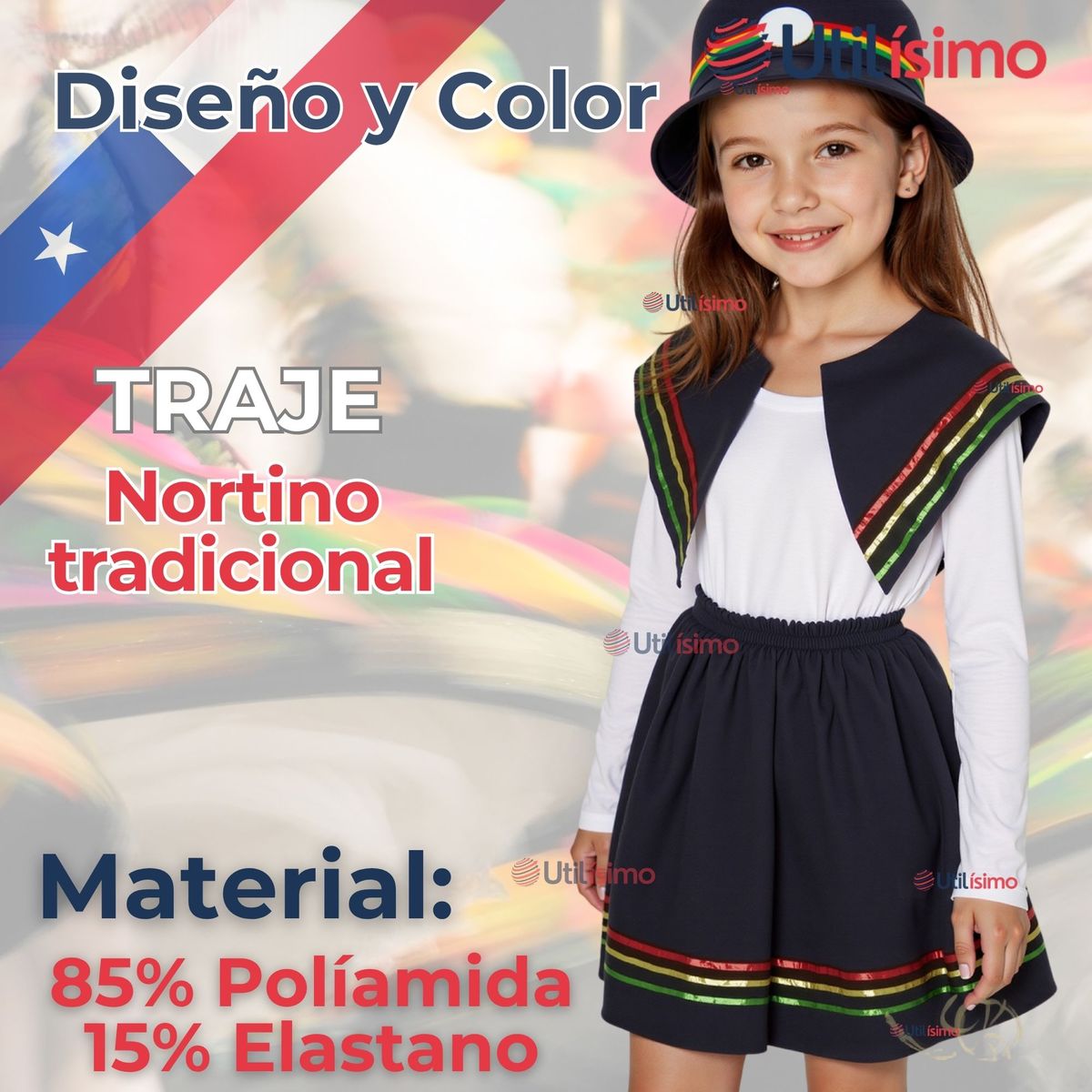 UTILISIMO - Traje Nortino Negro 4 Piezas Niña Fiestas Patrias Baile Nortino