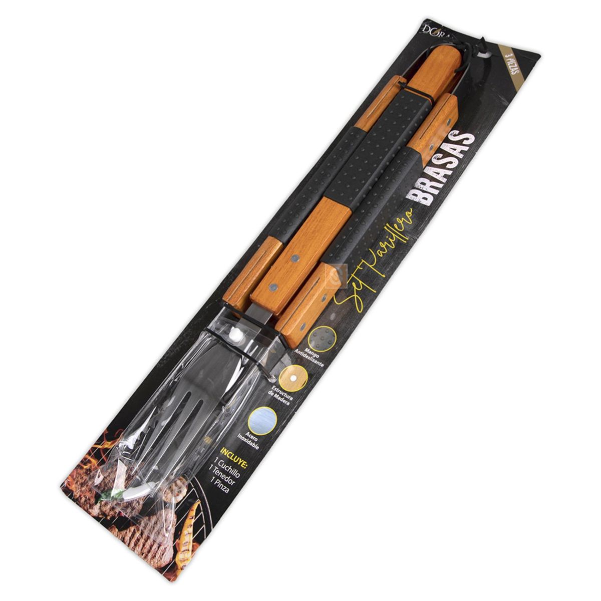 DORAL - Set Parrillero 3 Piezas Inoxidable Con Mango De Madera - SC