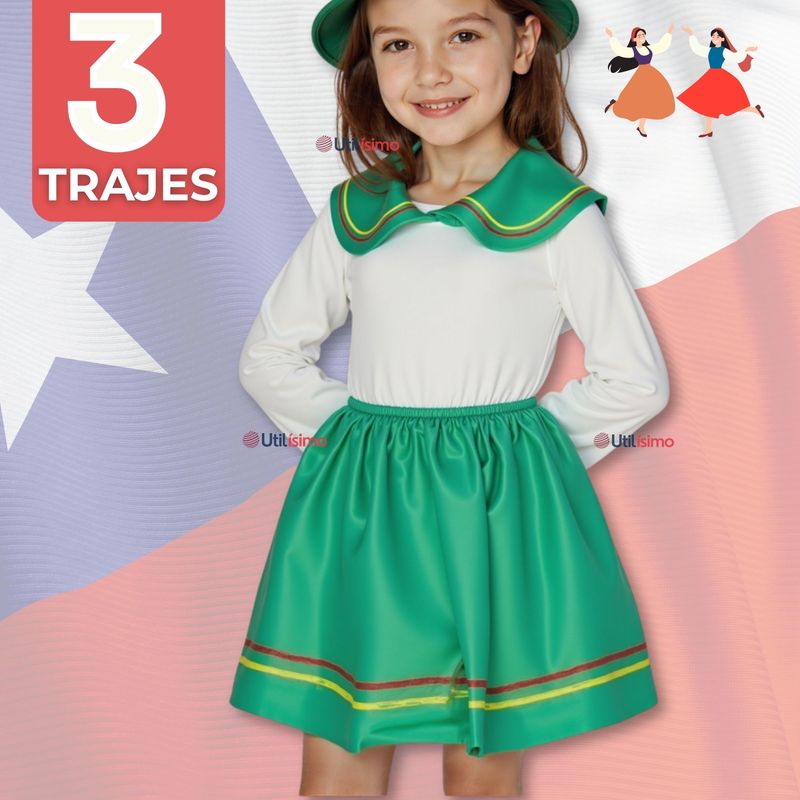 UTILISIMO - Pack 3 Traje Nortino Verde 3 Piezas Niña Fiestas Patrias Baile Nortino
