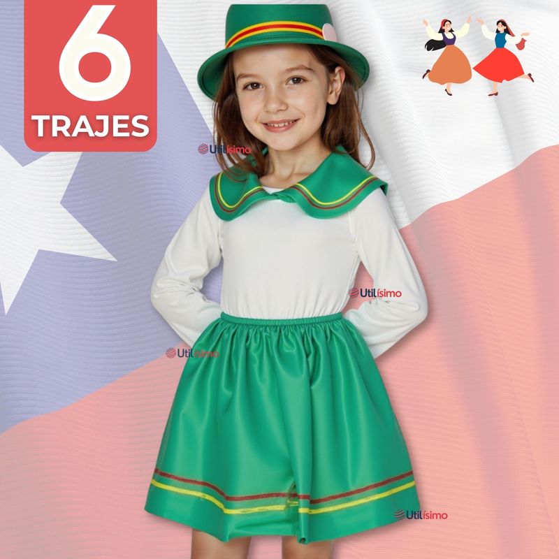 UTILISIMO - Pack 6 Traje Nortino Verde 3 Piezas Niña Fiestas Patrias Baile Nortino