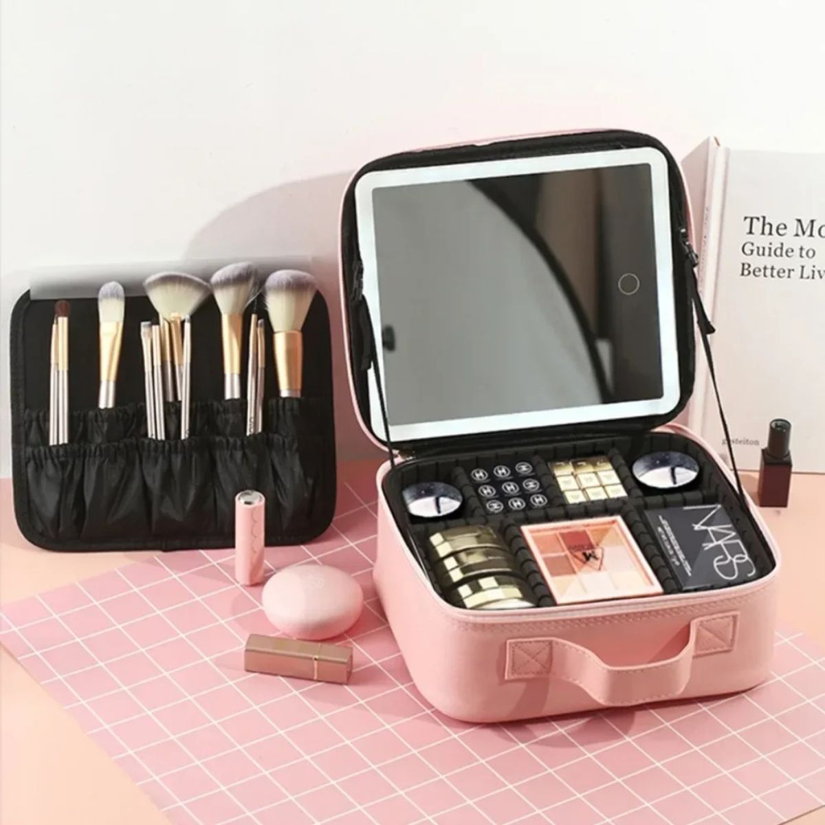 GENERICO - Cosmetiquero con Luz LED - Espejo Integrado Rosado
