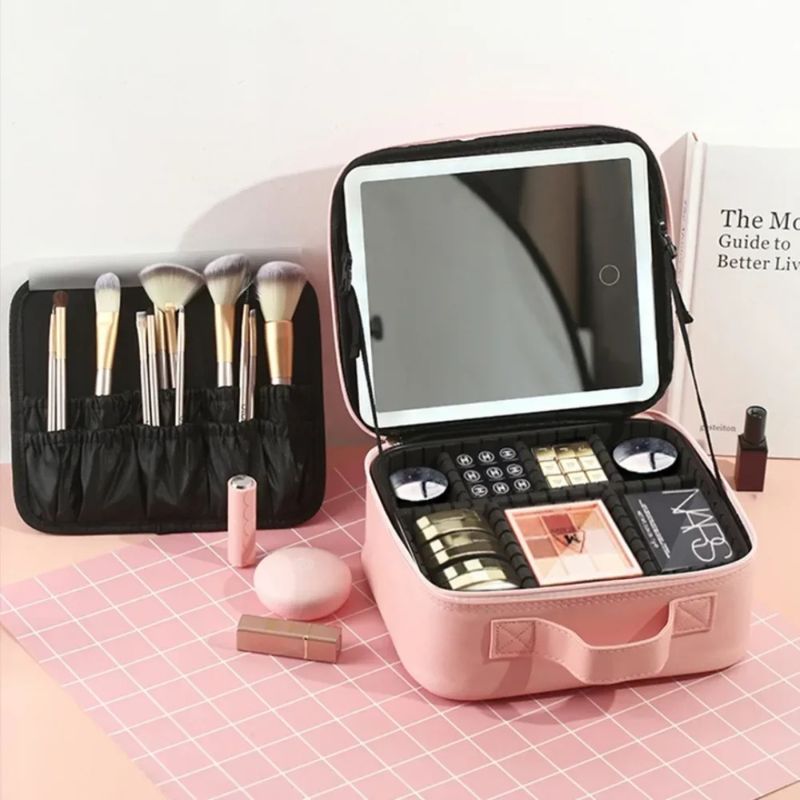 GENERICO - Cosmetiquero con Luz LED - Espejo Integrado Rosado
