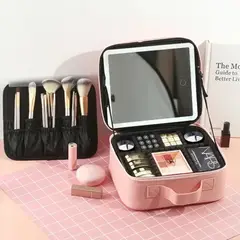 GENERICO - Cosmetiquero con Luz LED - Espejo Integrado Rosado