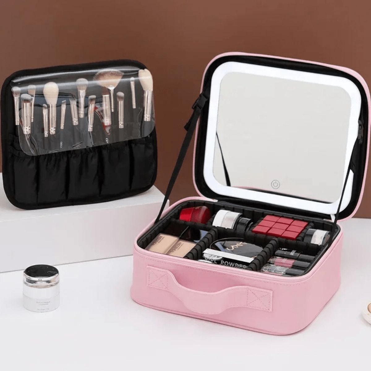 GENERICO - Cosmetiquero con Luz LED - Espejo Integrado Rosado