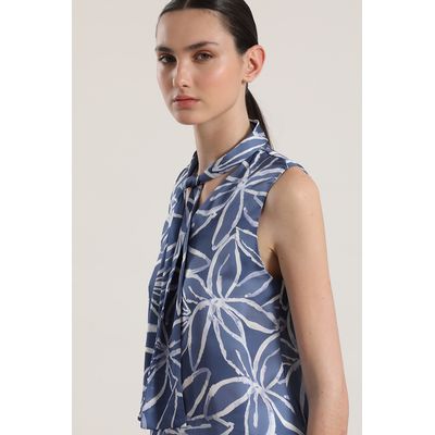 Imagen 2 del producto Blusa satin estampada con lazo mujer azul
