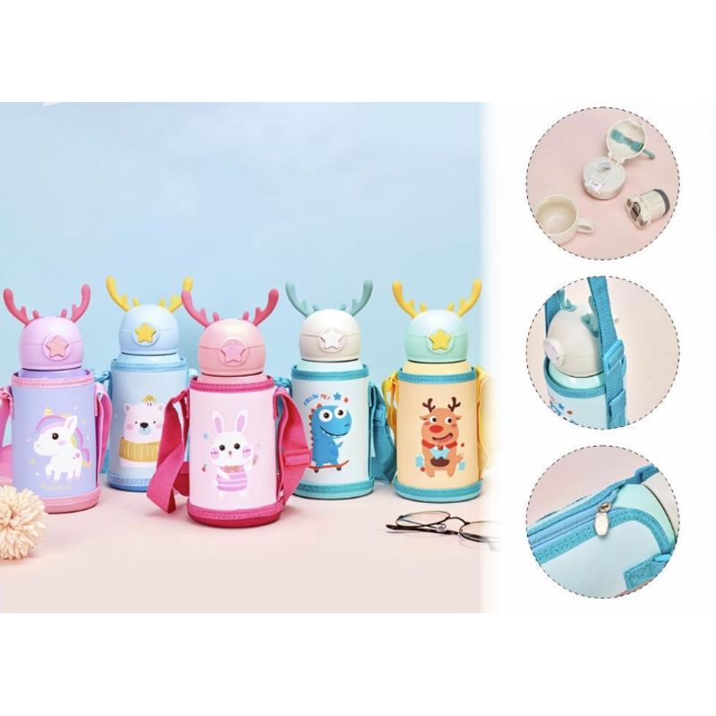 GENERICO - Botella Térmica Termo Infantil 500ML Con Funda Y Cuerda Celeste
