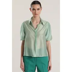 LIOLA - Blusa semitransparente manga globo mujer verde