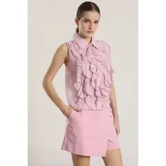 LIOLA - Blusa semitransparente volantes mujer rosa