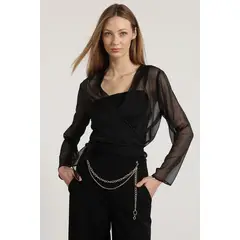 LIOLA - Blusa semitransparente amarras mujer negro