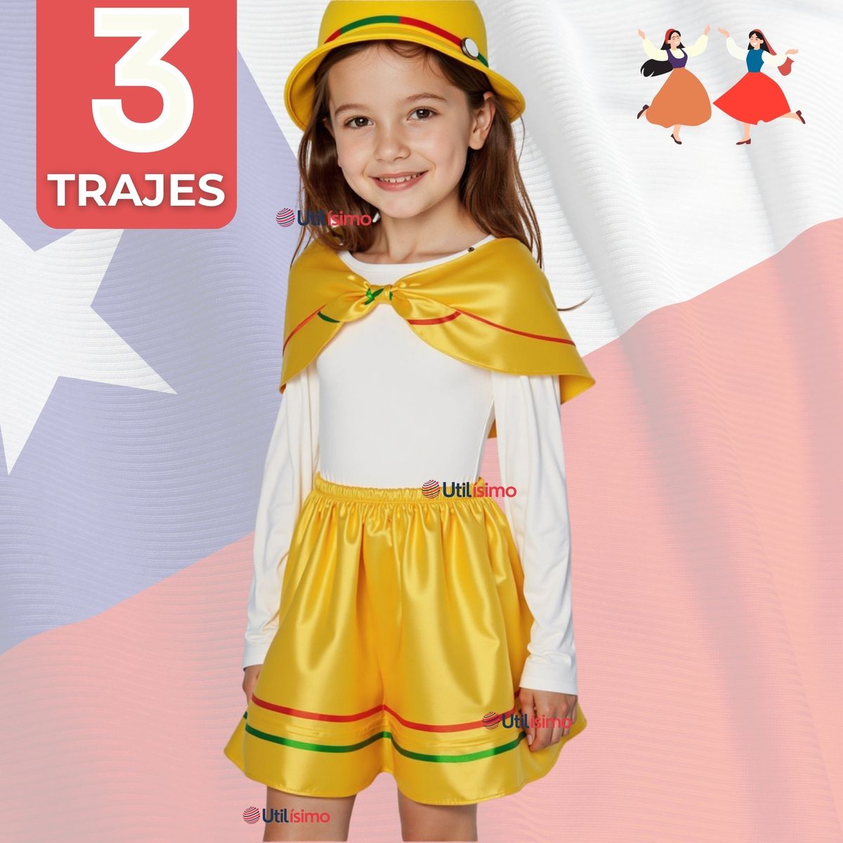 UTILISIMO - Pack 3 Traje Nortino Amarillo 3 Piezas Niña Fiestas Patrias