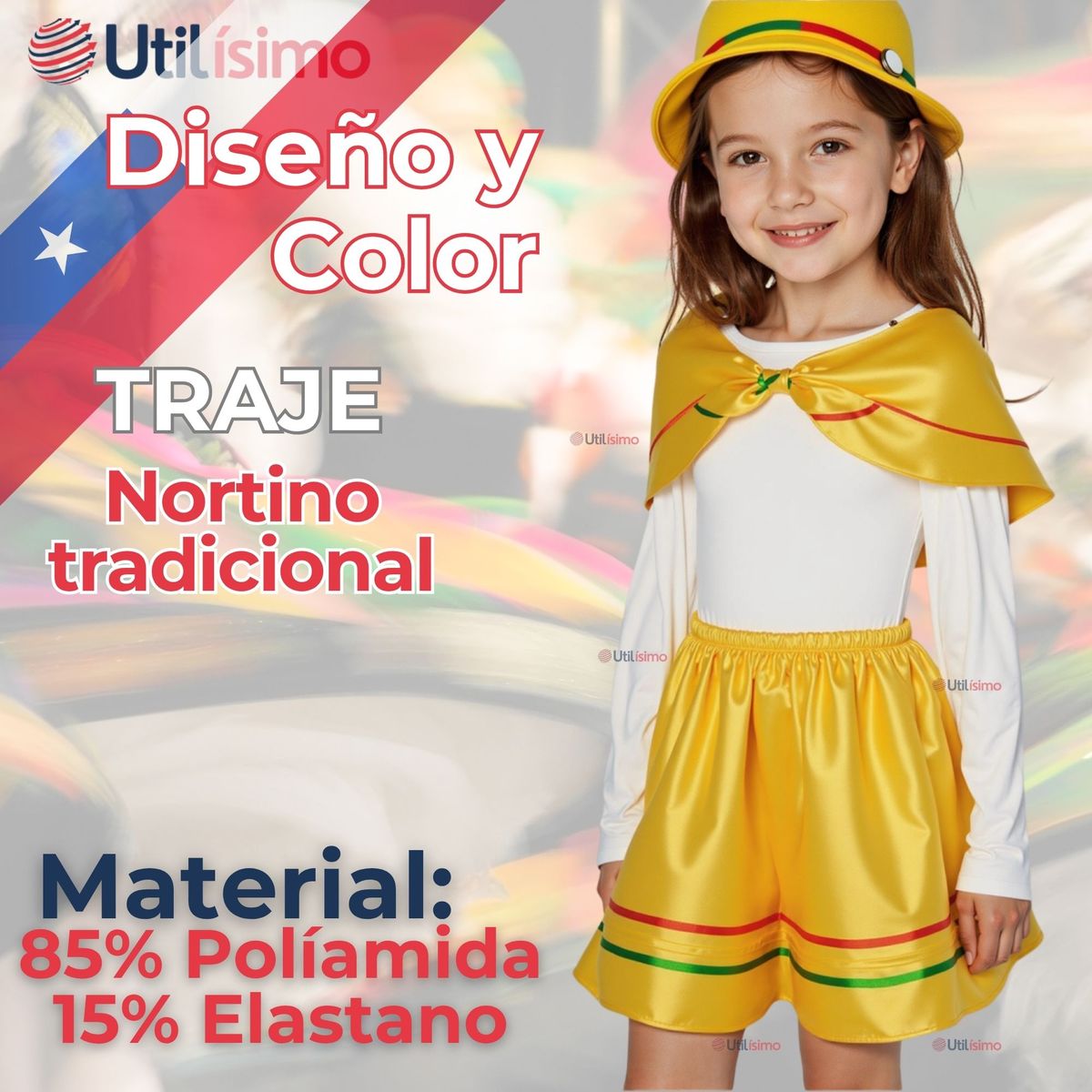 UTILISIMO - Pack 3 Traje Nortino Amarillo 3 Piezas Niña Fiestas Patrias