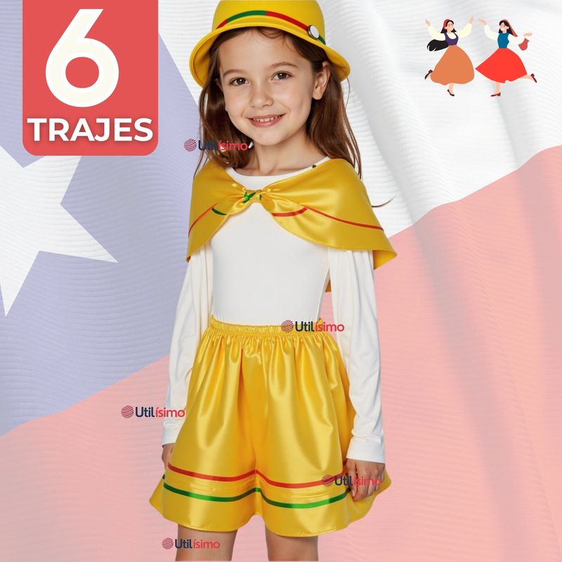 UTILISIMO - Pack 6 Traje Nortino Amarillo 3 Piezas Niña Fiestas Patrias