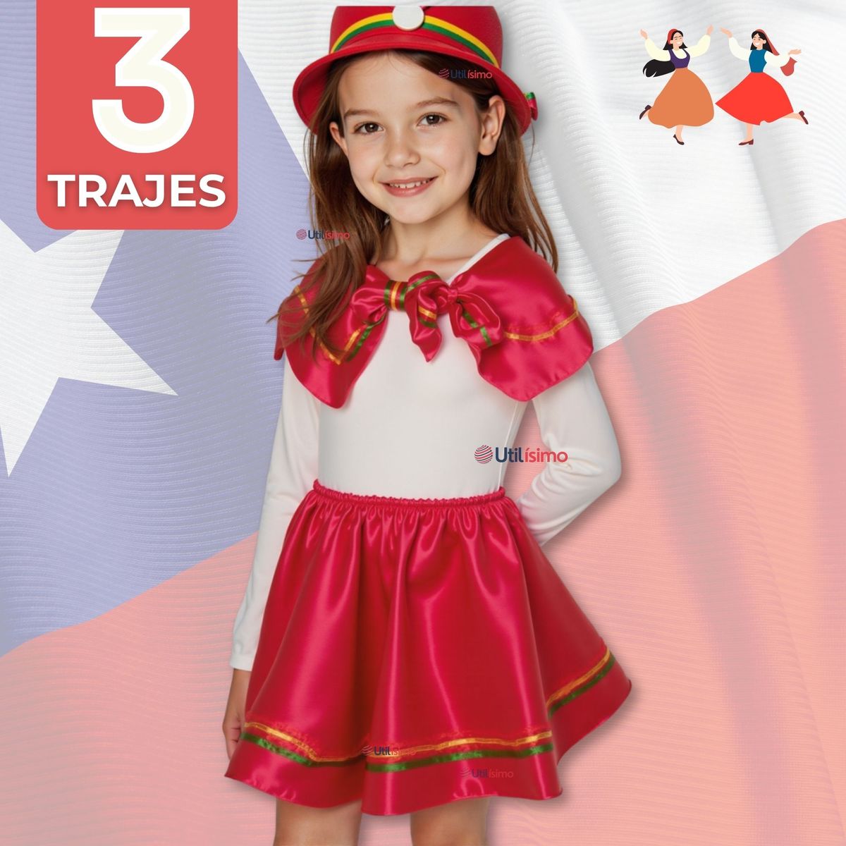 UTILISIMO - Pack 3 Traje Nortino Rojo 3 Piezas Niña Fiestas Patrias Baile Nortino